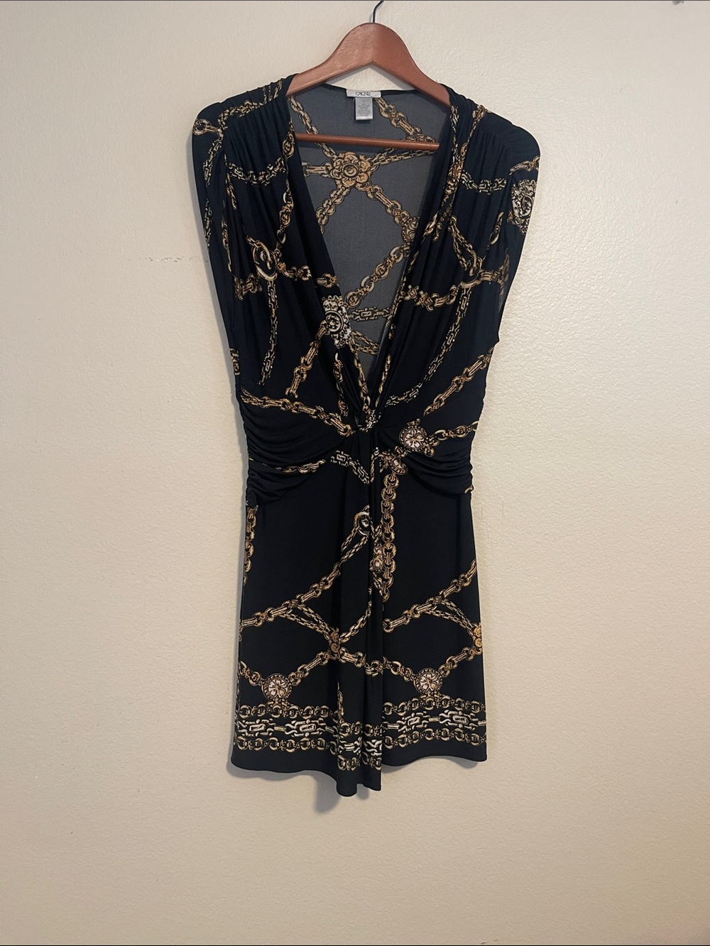 Cache Black Mini Dress with Gold Chain Motif